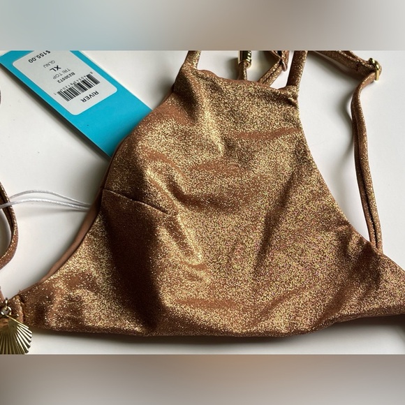 BEACH BUNNY RIVER TRI-RIVER Shimmering Brown Gold Bikini Top With Gold Charm - Picture 7 of 11